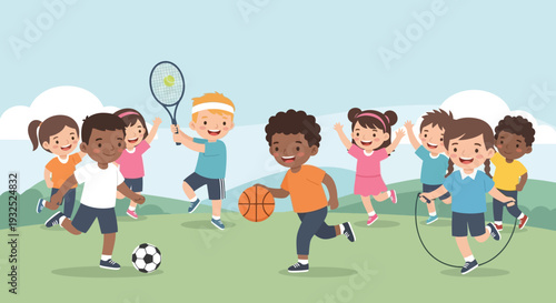 Diverse group of children actively engaged in various sports and outdoor games.