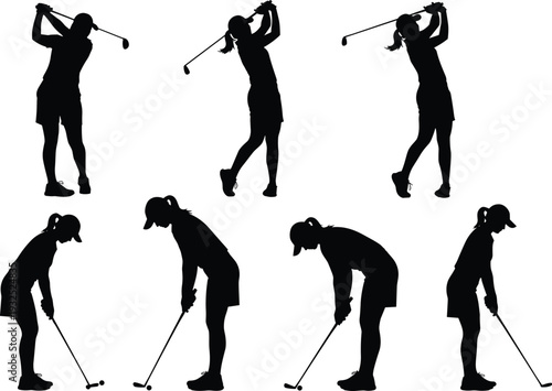 Silhouettes of golfer performing swing and putting stances, sports activity concept, athletic posture study, golf technique illustration design