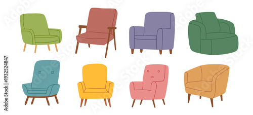 Set of armchair isolated on white background. Furniture for home and office. Interior elements. Vector flat cliparts.
