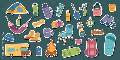 Set of camping and hiking objects isolated on white background. Vector flat cliparts stickers. The concept of travel, camping, hiking and outdoor recreation.