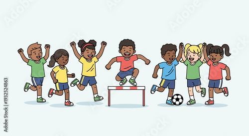 Diverse group of children actively participating in sports and outdoor activities.