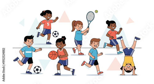 Diverse group of children actively participating in various sports activities.