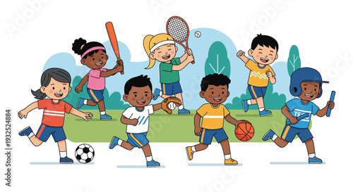 Diverse Group of Children Actively Participating in Various Sports Activities.