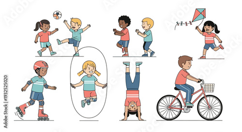 Diverse group of children engaged in various outdoor recreational activities.