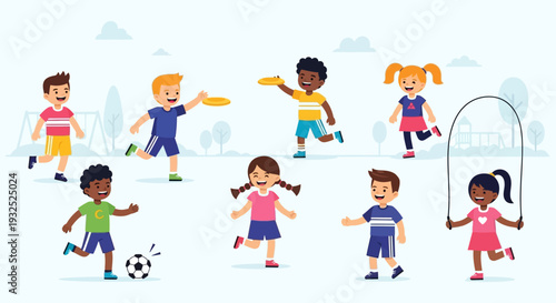Diverse group of children engaged in various outdoor sports and activities.