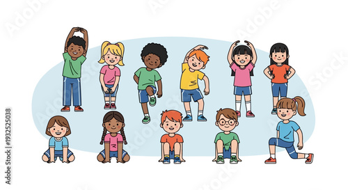 Diverse group of children engaged in various physical activities and exercises.