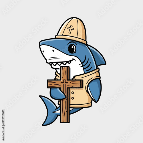 Pope Shark Cartoon Holding Wooden Cross, Religious Animal Character