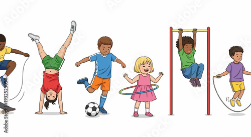 Diverse group of children engaged in various physical activities and sports.