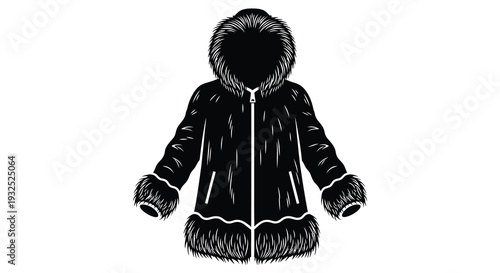 A striking black silhouette of a winter parka with a generous fur trimmed hood and cuffs showcasing elegant design silhouette