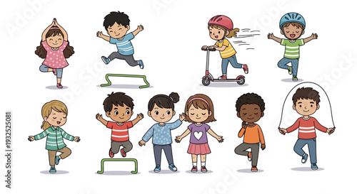 Diverse group of children engaged in various physical activities and sports.