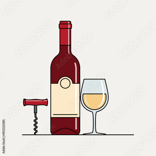 Red Wine Bottle, Glass of White Wine, and Corkscrew on White Background