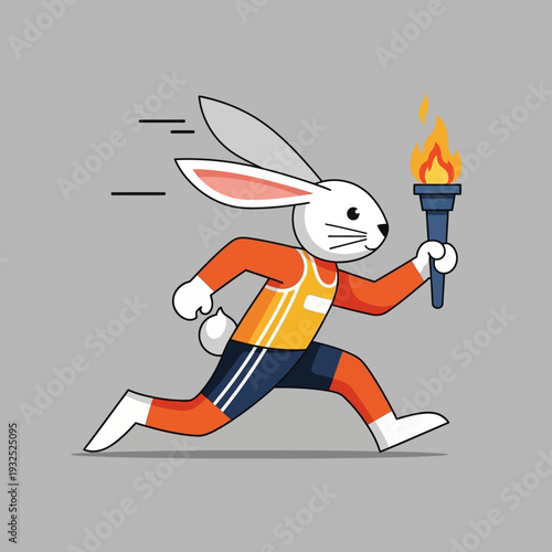 Running rabbit athlete carries Olympic torch with fire, sports concept, cartoon style