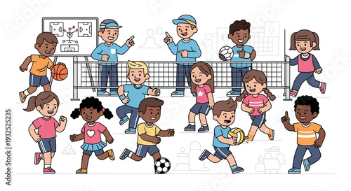 Diverse group of children engaged in various sports activities.