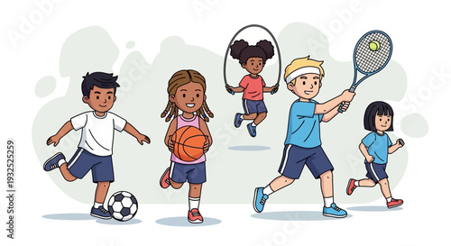 Diverse group of children engaged in various sports activities.