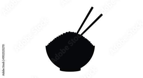 A minimalist depiction of a bowl of noodles with chopsticks presented as a striking black silhouette high quality professional