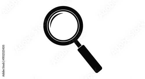 A stark black magnifying glass is displayed against a white backdrop presenting a minimalist silhouette high quality professional detailed