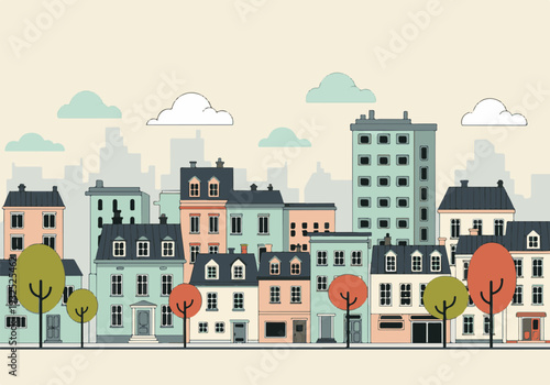 Modern City Street Illustration with Colorful Buildings, Trees, and Clouds