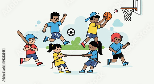 Diverse group of children engaged in various sports activities.