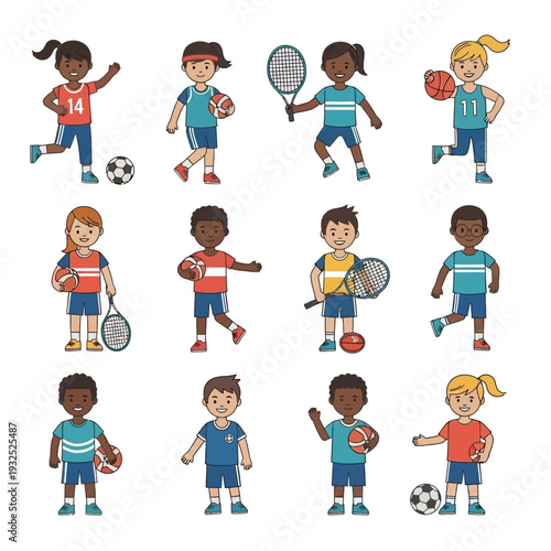 Diverse group of children engaged in various sports activities.