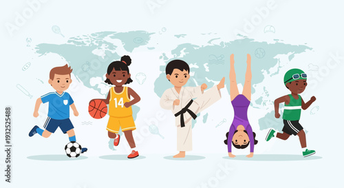 Diverse group of children engaged in various sports activities.