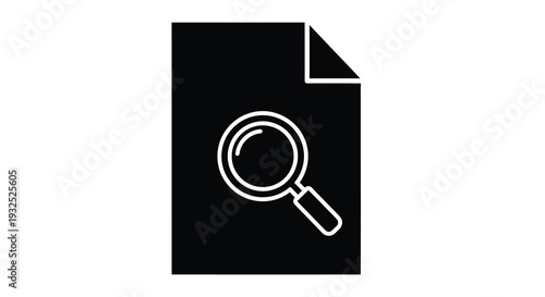 A stark black graphic depicts a document with a magnifying glass emphasizing investigation and detail silhouette high quality professional