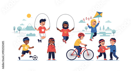 Diverse group of children enjoying various outdoor activities together.