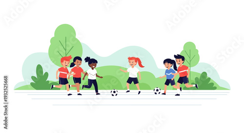 Diverse group of children playing soccer in a park.