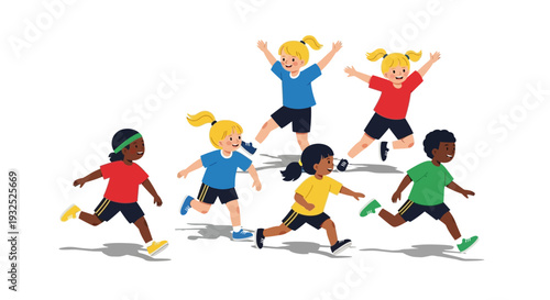 Diverse group of children playing soccer outdoors.