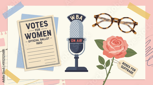 Women suffrage movement vintage elements ballot microphone glasses and rose flat illustration