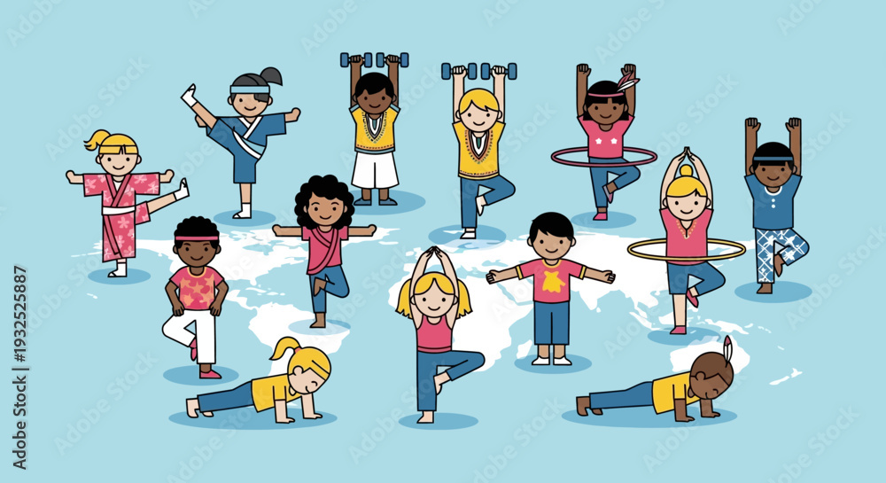 Fototapeta premium Diverse group of children practicing yoga and exercises together.