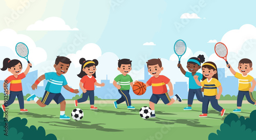 Diverse group of children playing various sports outdoors on a sunny day.