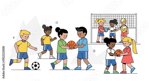 Diverse group of children playing various sports together.