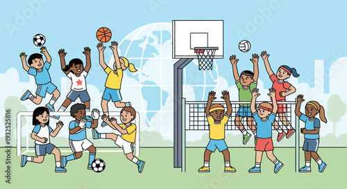 Diverse group of children playing various sports together.