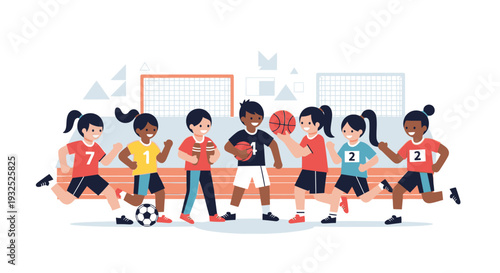 Diverse group of children playing various sports together.