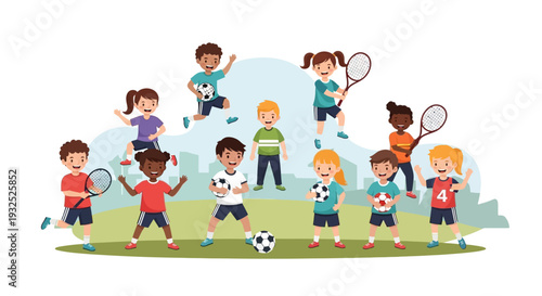 Diverse group of children playing various sports together outdoors.
