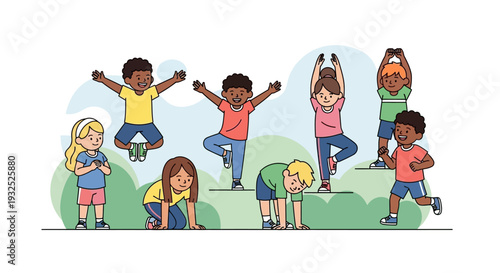 Diverse group of children practicing yoga and exercises outdoors.