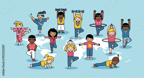 Diverse group of children practicing yoga and exercises together.