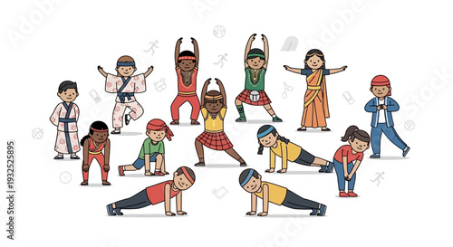 Diverse group of children practicing yoga and martial arts poses.