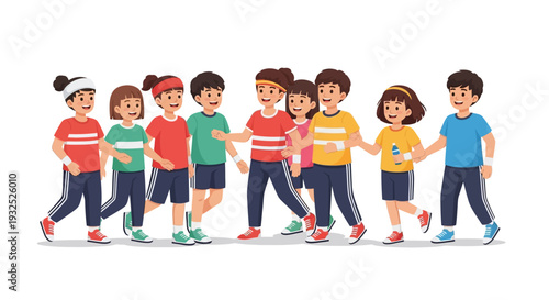 Diverse group of happy children walking together outdoors.