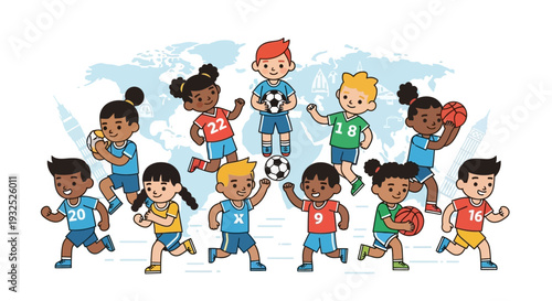 Diverse group of happy children playing various sports together.