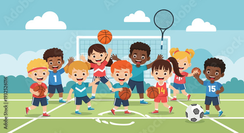 Diverse group of happy children playing various sports together.