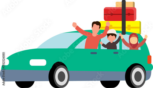 Illustration Of A Muslim Family Going Home For Eid With Suitcases And Belongings