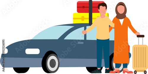 Illustration Of A Muslim Family Going Home For Eid With Suitcases And Belongings