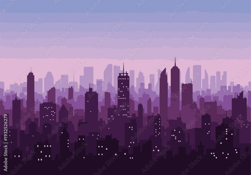 Fototapeta premium Modern city skyline silhouette at dusk with glowing windows and gradient sky