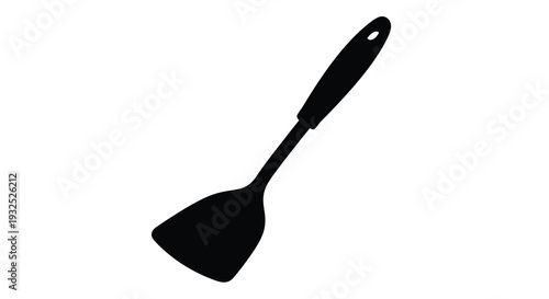 A stark black silhouette of a kitchen spatula is displayed against a clean bright white background silhouette high quality