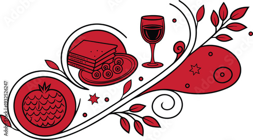 A dynamic and richly illustrated graphic featuring a classic culinary spread, showcasing stacked pasta layers, a vibrant selection of olives, and a sophisticated glass of red wine