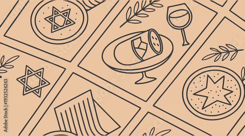 Intricate line art pattern celebrating Jewish heritage with traditional symbols like the Star of David, Seder plate, and wine glass, evoking a sense of cultural festivity 