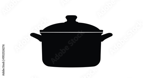 A stark black silhouette depicts a classic cooking pot with a lid and handles creating a minimalist silhouette