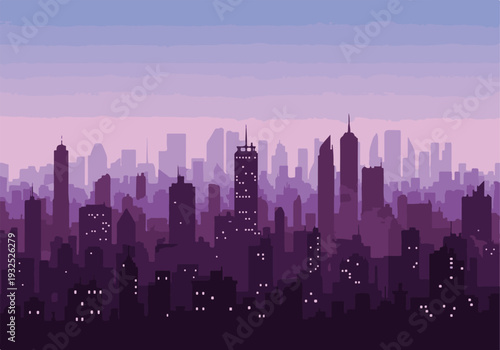 Modern city skyline silhouette at dusk with glowing windows and gradient sky