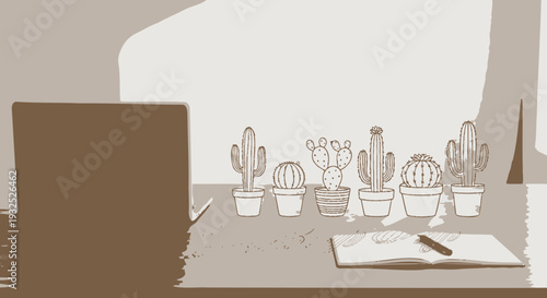 Small potted cacti on a desk.